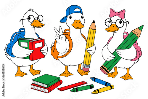 Goose Back To School Svg. Three cute cartoon geese characters getting ready for school with backpacks, books, pencils, and crayons, a fun and playful vector illustration for kids and education themes.