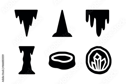 vector solid black filled icons caving (formations): stalactite shard stalagmite spire flowstone sheet cave column rimstone pool crystal geode.