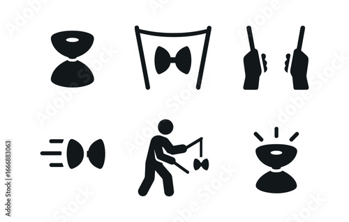 vector solid black filled icons diabolo tricks (single toss): spinning diabolo string taut sticks in hand motion blur focused stance bright colors.