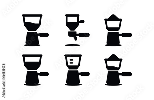 vector solid black filled icons coffee grinder (doser cup): doser chamber lever handle ground coffee measurement marks shadow smear light rim.