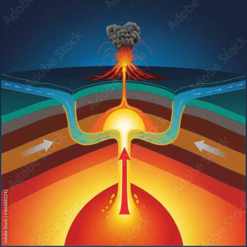 Volcano Anatomy: A detailed cross-section illustration depicts the inner workings of a volcanic eruption, showcasing the earth's layers and the forces at play.