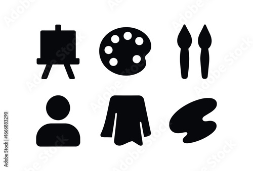 vector solid black filled icons local art gallery (art workshop): easel canvas paint palette brush tips drop cloth visitor icon shadow smear.