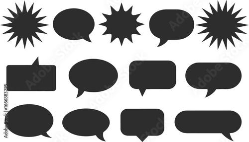 A sophisticated and versatile collection of diverse communication bubbles and starburst shapes, perfect for conveying impactful messages and celebrating dialogue