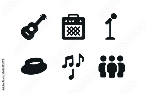 vector solid black filled icons street musician (guitar busker): acoustic guitar amplifier box microphone stand hat on ground music notes crowd silhouette.