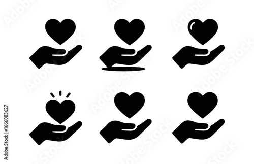 vector solid black filled icons compassionate strength (open hand): hand silhouette heart icon shadow smear highlight rim light glow wrist line.
