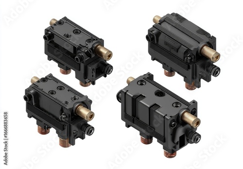 Four black industrial hydraulic cylinders, various sizes and configurations,  isolated on white background.  Precise engineering design, showing metal components and connections