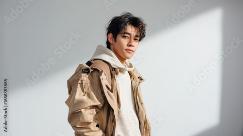 Stylish teenage boy in sweater and jacket fashion look
