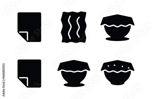 vector solid black filled icons reusable food wrap (foil wrap): foil sheet crinkle lines bowl rim shadow smear light rim highlight dots.