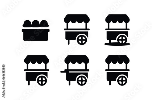 vector solid black filled icons ice cream cart (scoop stand): scoop rack cart edge shadow smear light rim serving counter accent line.