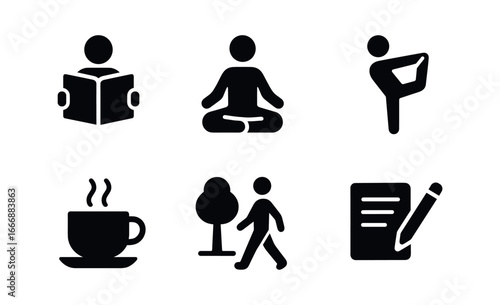 vector solid black filled icons balance of mind (daily life): reading meditating stretching tea break walking in park journaling.