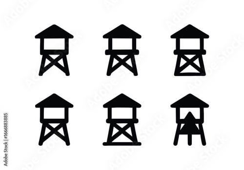 vector solid black filled icons forest lookout tower (roof cap): roof outline beam ends shadow smear light rim sky gap tree dot.
