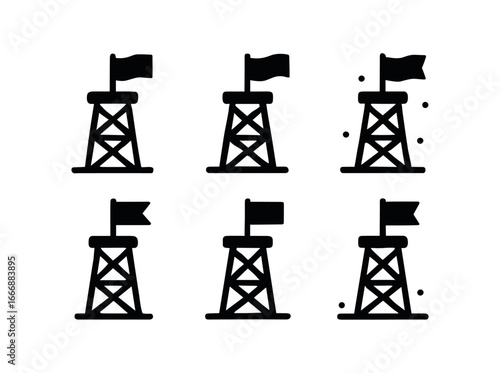 vector solid black filled icons forest lookout tower (signal flag): flag icon pole line shadow smear light rim ground line accent dots.