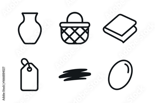 vector outline icons Artisan market (handmade goods): pottery icon woven basket fabric fold tag string shadow smear highlight rim.