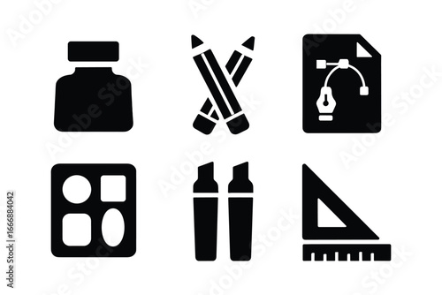 vector solid black filled icons type designer (materials): ink pencils tracing paper templates markers measuring tools.