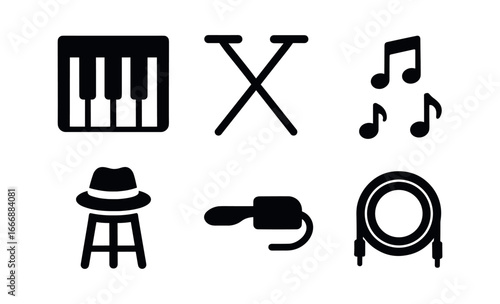 vector solid black filled icons street musician (keyboard corner): keyboard keys stand frame sustain pedal hat on stool music notes cable coil.