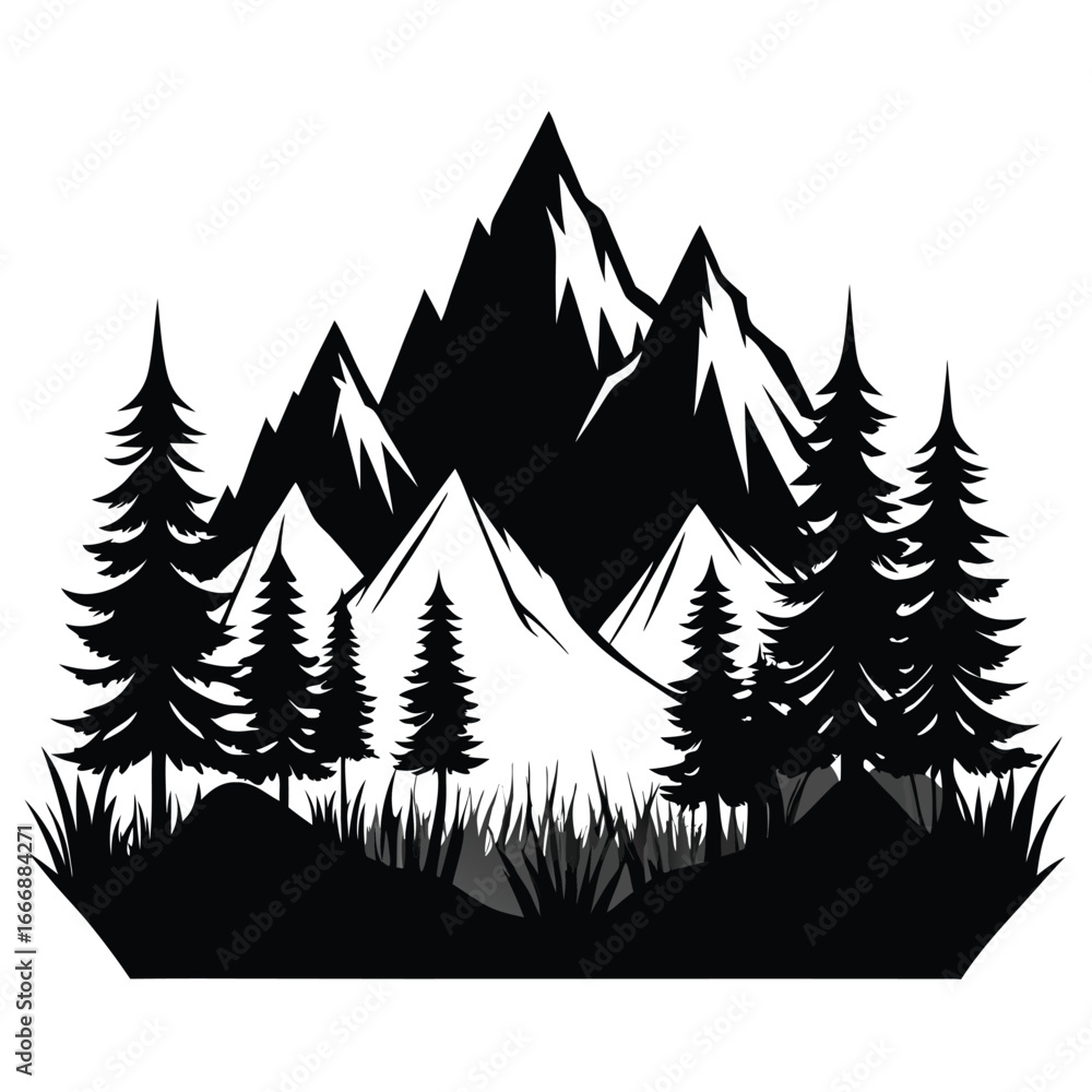 Obraz premium Minimalist Black and White Mountain Range with Evergreen Trees Silhouette Illustration