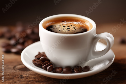 Classic espresso in ceramic cup with roasted beans mockup