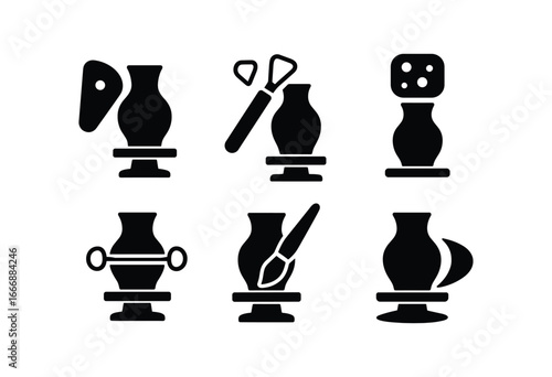 vector solid black filled icons pottery wheel in use (tools set): rib tool loop tool sponge wire cutter brush tip shadow smear.
