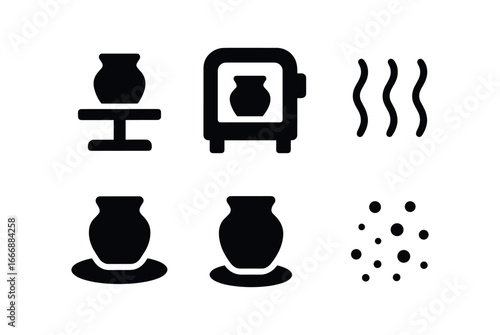 vector solid black filled icons pottery wheel in use (kiln ready): pot on shelf kiln door heat waves shadow smear light rim clay dust.