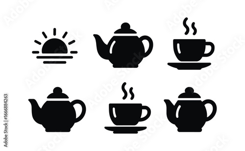 vector solid black filled icons tea pot and cup (morning ritual): sunrise icon pot spout cup handle plume shadow smear highlight rim.