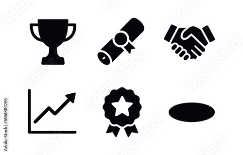 vector solid black filled icons established adulthood (career milestone): trophy icon certificate scroll handshake chart line badge star shadow smear.