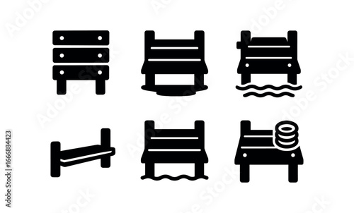 vector solid black filled icons fishing dock (wooden planks): plank lines nail dots shadow smear light rim water edge rope coil.