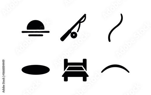 vector solid black filled icons fishing dock (sunset cast): sun half rod silhouette line curve shadow smear light rim horizon arc.