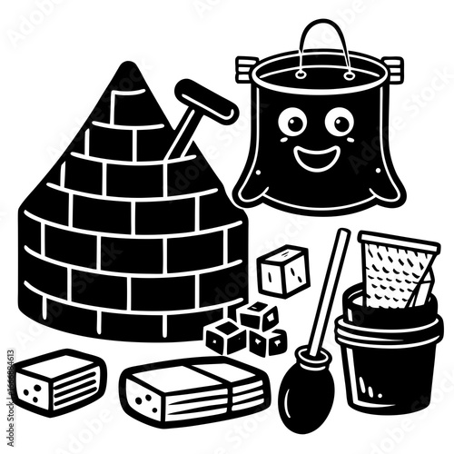 Illustration of bricklaying tools and materials, including a brick pile, trowel, bucket, and hammer