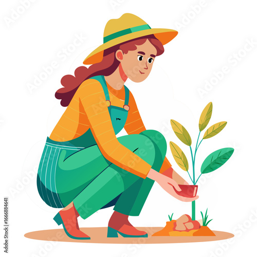 A young woman gardener is planting a tree seedling in the garden, wearing a hat and overalls, in a cartoon vector illustration style