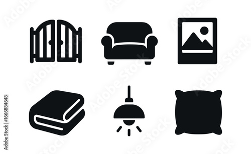 vector solid black filled icons assurance (home life): closed gate cozy couch photo frame blanket warm light soft pillow.