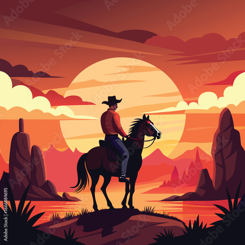 A captivating illustration of a cowboy astride a horse, silhouetted against a vibrant sunset over a serene desert landscape.