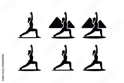 vector solid black filled icons yoga in the park (warrior pose): lunge silhouette arm reach mountain background shadow smear light rim.