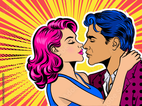 A colorful pop-art illustration depicting a passionate kiss between a man and woman, set against a vibrant geometric background in vector