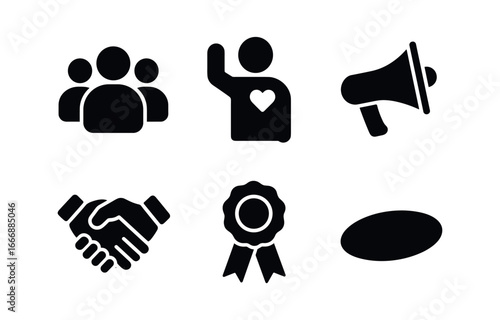vector solid black filled icons established adulthood (community role): group silhouette volunteer icon megaphone handshake ribbon badge shadow smear.