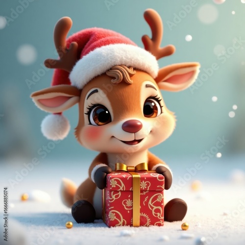 Adorable Baby Reindeer Wearing Santa Hat Holding Christmas Gift