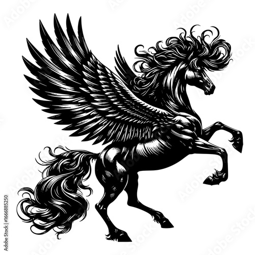 A majestic pegasus in an agressive posture