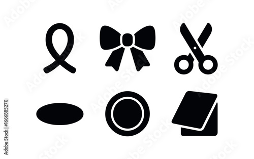 vector solid black filled icons florist at work (ribbon bow): ribbon loop bow knot scissors icon shadow smear light rim fabric fold.