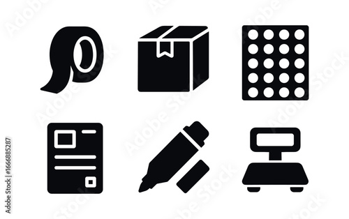 vector solid black filled icons sticky tape (packaging): brown paper tape cardboard box bubble wrap shipping label marker small scale.