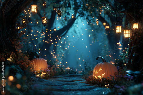 Enchanting Halloween forest path illuminated by glowing jack-o'-lanterns and magical fairy lights