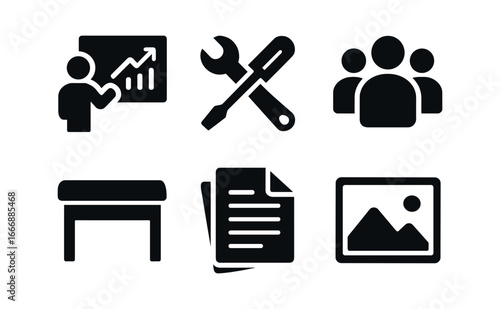 vector solid black filled icons knowledge sharing stage (workshop): instructor tools participants table materials examples.
