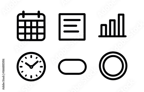 vector outline icons productivity tracking app (daily summary): calendar grid summary text chart icon clock face shadow smear highlight rim.