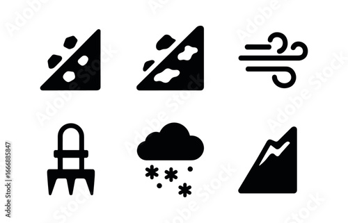 vector solid black filled icons sleet covered slope (mountain): rocky incline icy patches blowing wind crampons cloudy sky snow crust.
