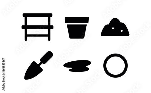 vector solid black filled icons florist at work (potting bench): bench top pot outline soil mound trowel tip shadow smear light rim.