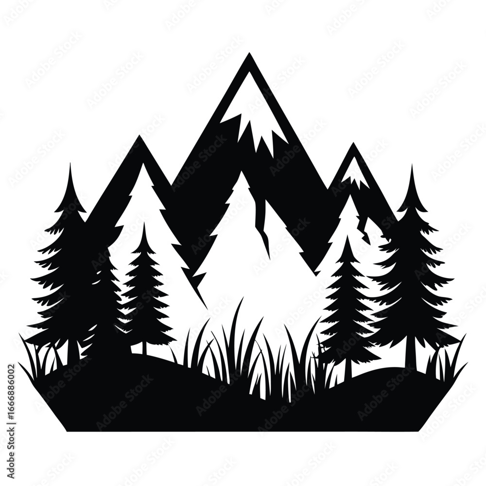 Fototapeta premium Black and White Mountain Scene with Trees and Grass Vector Silhouette Graphic