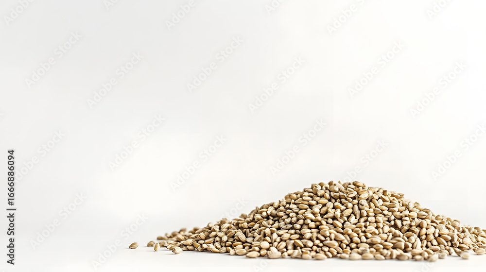 Obraz premium A small pile of whole barley grains, round and golden, scattered on a smooth white surface, showcasing their natural beauty and texture.
