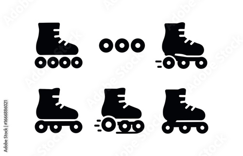 vector solid black filled icons rollerblading (inline skates): skate boot four wheels lace loops wheel spin shadow smear light rim.