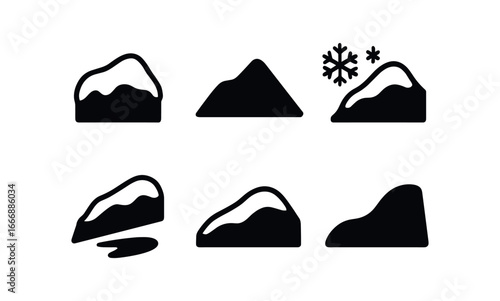 vector solid black filled icons ridge (snow ridge): snow cap crest line frost crystals shadow smear light rim snow drift.