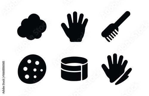 vector solid black filled icons wall climbing (chalk up): chalk cloud hand smear brush tip hold texture wrist tape shadow smear.