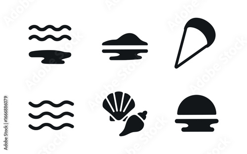 vector solid black filled icons kitesurfing (lagoon): shallow water sandbar kite in air gentle wind shells horizon.