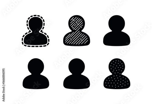 vector solid black filled icons costumer (embroidered patch): patch outline embroidery stitch thread weave shadow smear light rim texture dot.